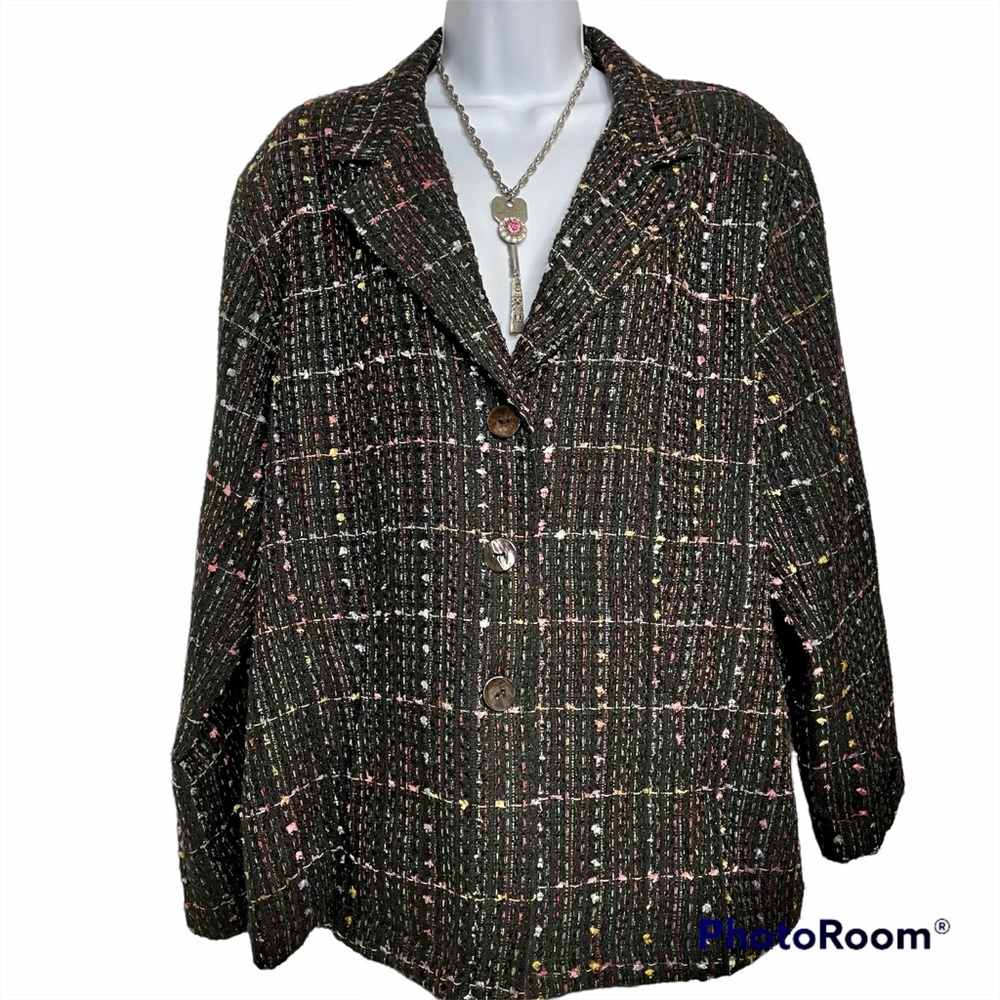 Chico’s Blazer 3 Button Front Pockets Tweed  Size 16